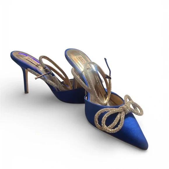 Badgley Mischka Jasmine Royal Blue Satin Point Toe Slingback Heels with Crystal - Picture 3 of 9